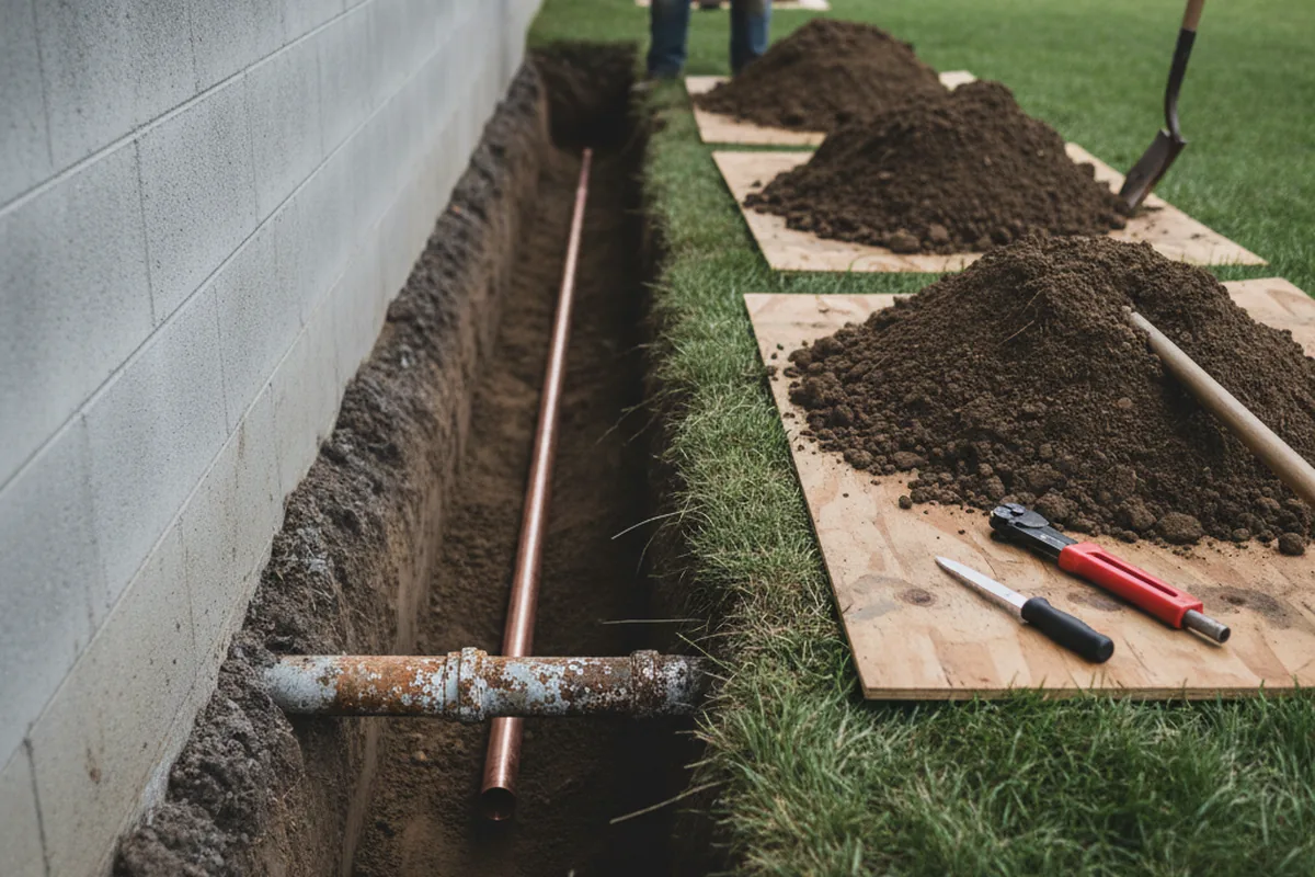 Excavated water line trench during Sewer Line Repair in Rowlesburg